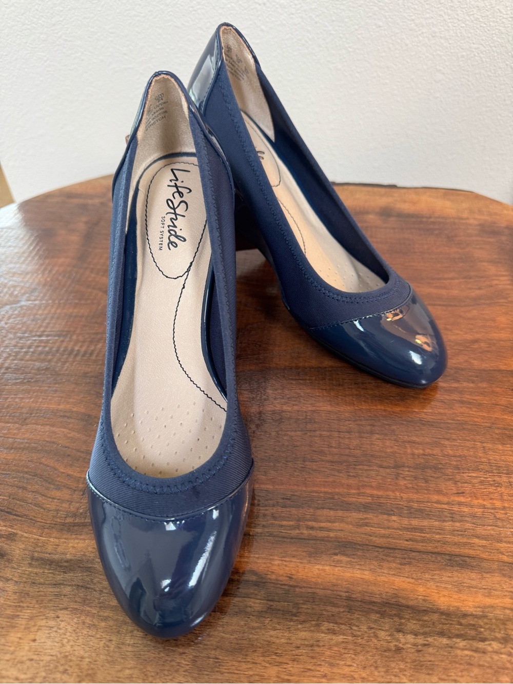 Life Stride Soft System Juliana Patent Stretch Wedge Navy Blue Size 7 1/2 W ,box